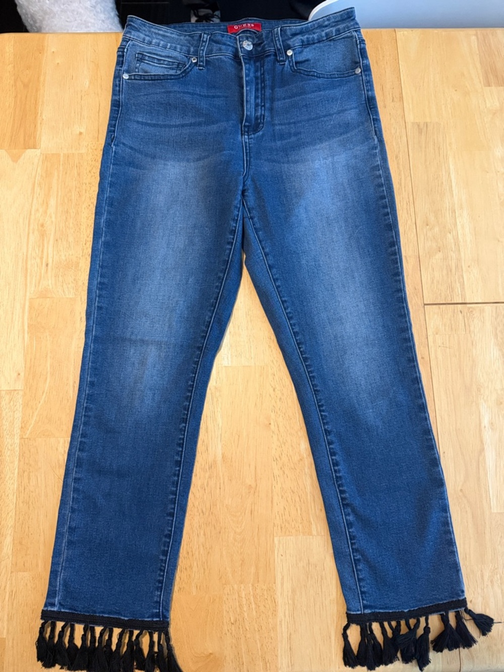 Guess Dark Blue cropped ankle Denim with Black Fringe Hem